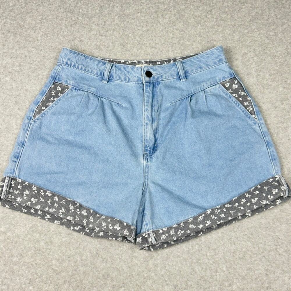 Easel Denim 3.5" Shorts Womens L Light Wash Contrast Gray Floral Trim Cuffed